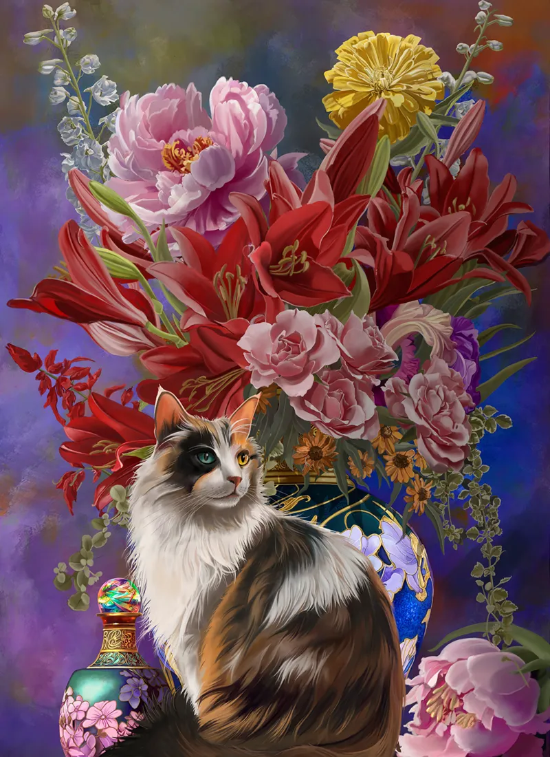 XXL Pieces - Cats and Flowers four Chinoiserie