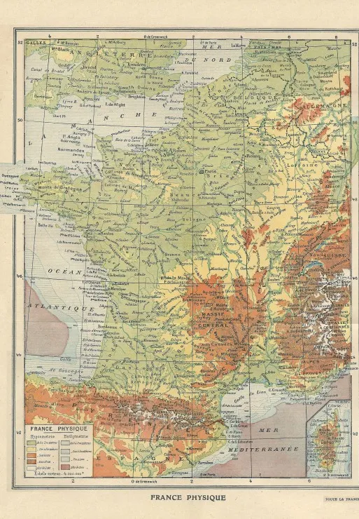 Map of Physical France - Larousse, 1925