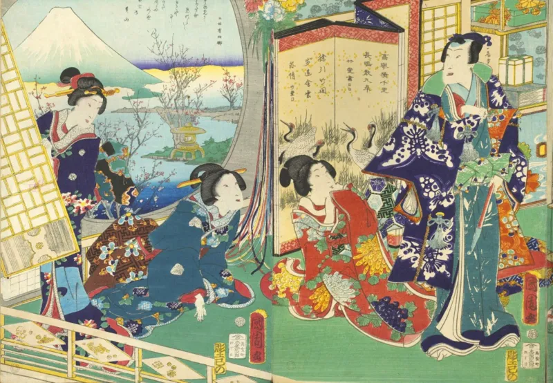 Utagawa Kunichika - Prince Genji Visiting a Residence Overlooking Mount Fuji