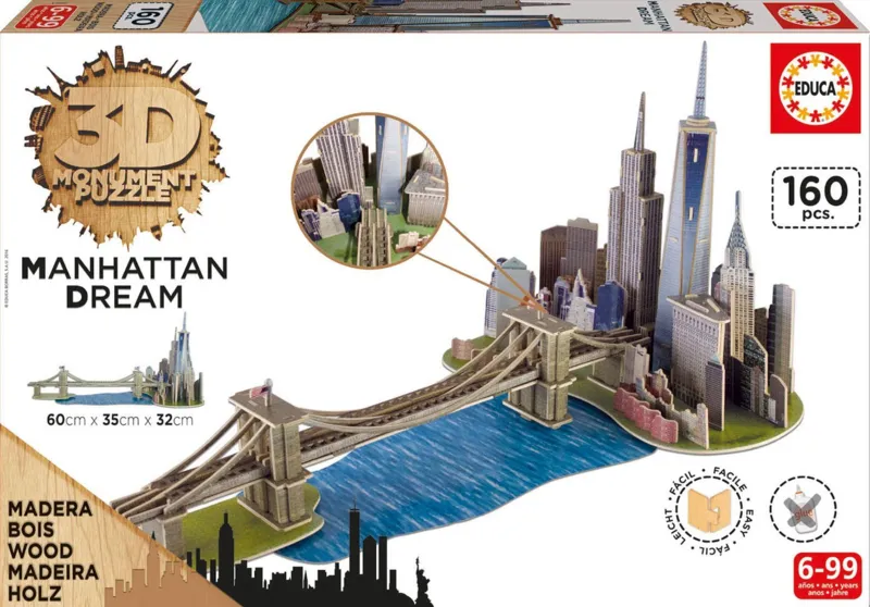 3D Puzzle - 3D Wooden Jigsaw Puzzle - Brooklyn Bridge, Manhattan Dream