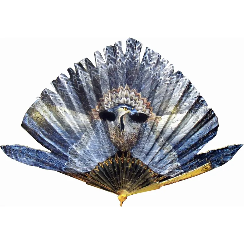 Handgeschnittenes Holzpuzzle - Fächer: Blauer Vogel