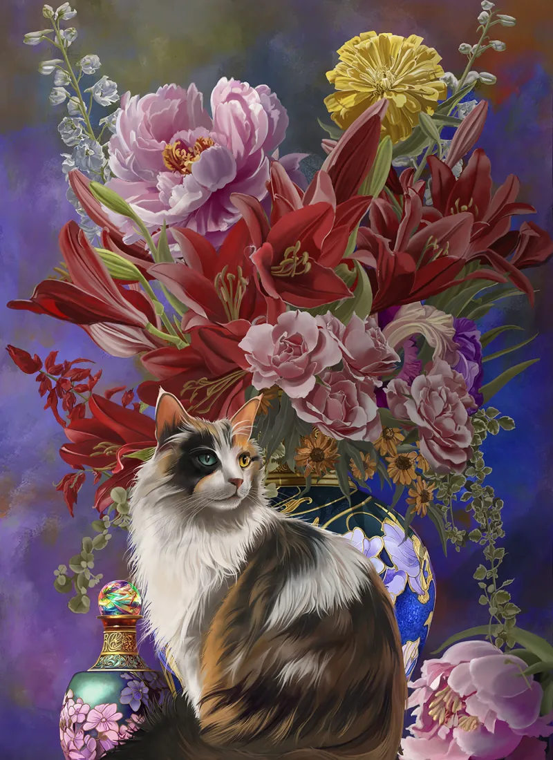 XXL Pieces - Cats and Flowers four Chinoiserie