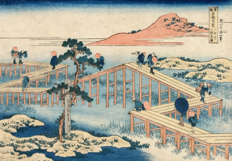 Hokusai - An Ancient Picture of the Eight Part Bridge in Mikawa Province