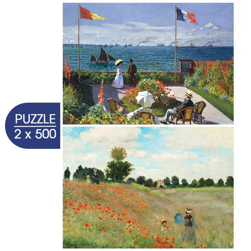 2 Puzzles - Monet's Art: Garden at Sainte Adresse, 1867 - Poppy Field Near Argentueil, 1873