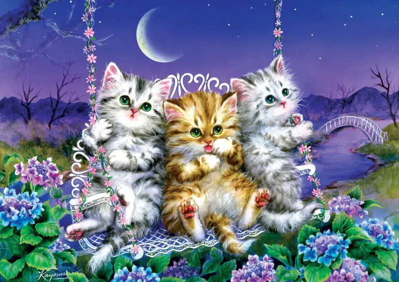 Kittens Swinging in the Moonlight