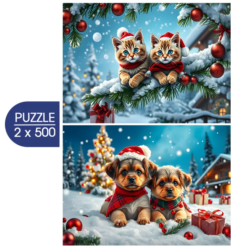 2 Puzzles - Christmas Kittens and Puppies