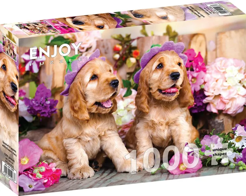Spaniel Puppies with Flower Hats