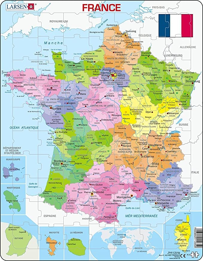 Puzzle Larsen A5 Carte Politique De France - 70 Pièces Avec Cadre, Édition Française Puzzle France Puzzle Larsen A5 Carte Politique De France - 70 Pièces Avec Cadre, Édition Française Puzzle France