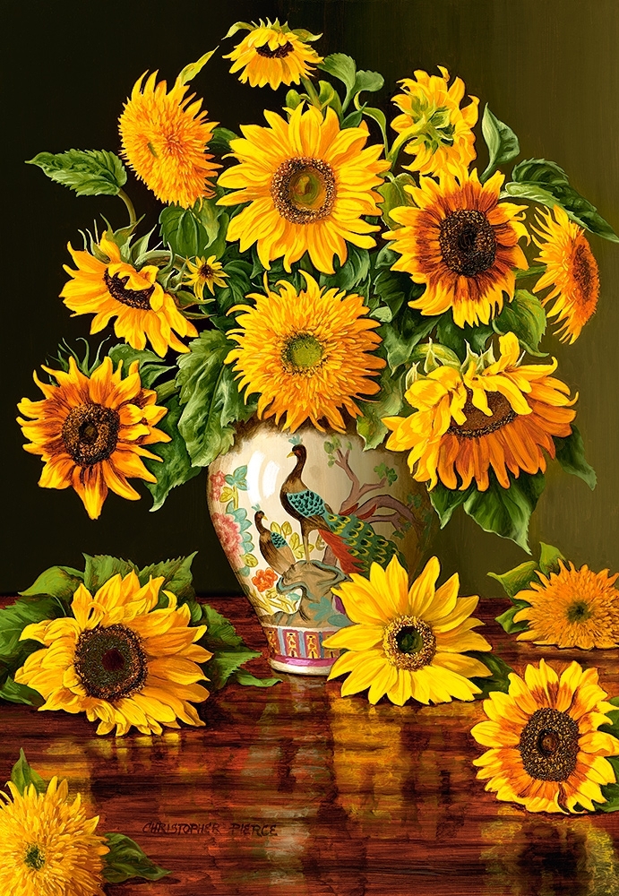 Sunflowers in a Peacock Vase