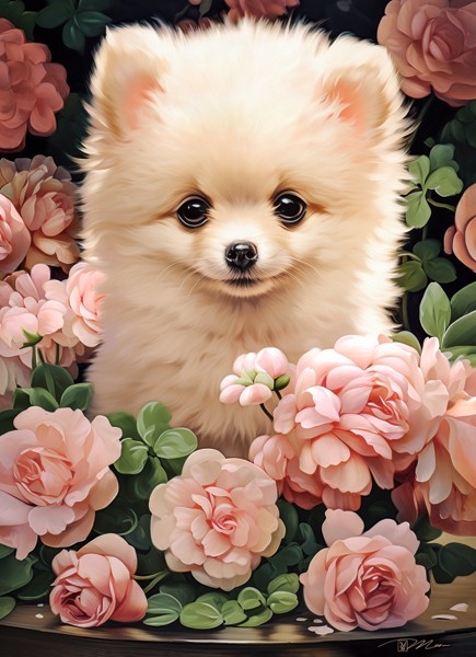 Pomeranian Puppy in Roses