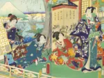 Utagawa Kunichika - Prince Genji Visiting a Residence Overlooking Mount Fuji
