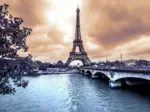 Eiffel Tower from Seine. Winter rainy day in Paris